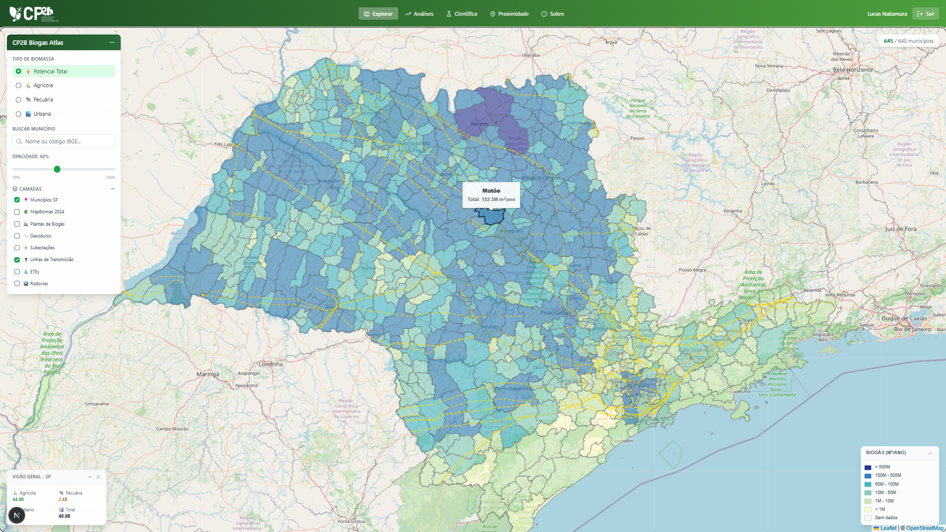 Mapa interativo de São Paulo com camadas de infraestrutura e potencial de biogás